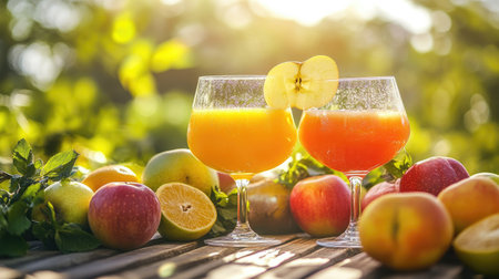 Two cocktail glasses with apple and multivitamin juices, surrounded by fresh ripe fruits, on a sunny outdoor table.の素材