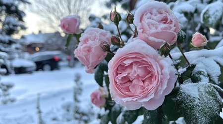 A close-up of a pink rose bush with clusters of roses and new buds beginning to bloom.の素材