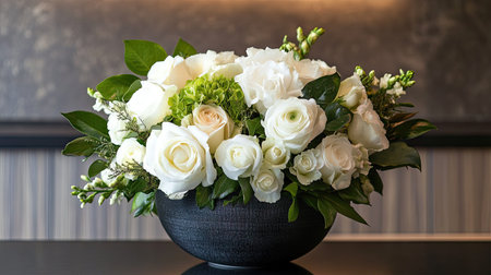 A delicate white rose arrangement with gentle lighting, leaving plenty of space around for copy.の素材