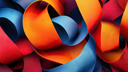 Vibrant 3D ribbons in red, orange, and blue, creating a colorful and lively abstract background.の素材