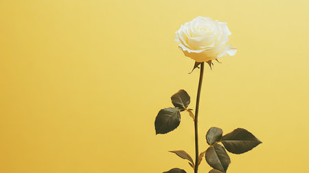 A single white rose isolated on a pale yellow background, with plenty of room for copy.の素材