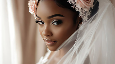 A bride wearing a delicate rose hairpiece, with soft curls and a wedding veil in a romantic setting.の素材