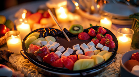 A heart-shaped platter of fruit and marshmallows arranged around a chocolate fondue pot, candles glowing in the background.の素材