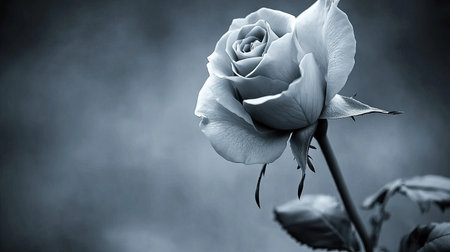 A dramatic black-and-white photograph of a single rose, capturing its elegance with high contrast and soft lighting.の素材