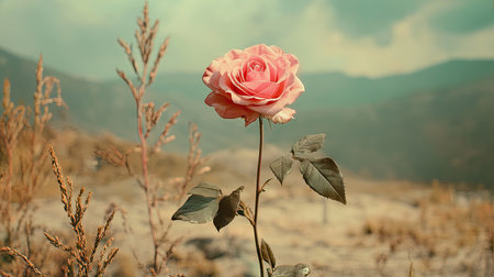 A close-up of a pink rose against a dreamy, pastel-colored background, offering space for copy or text.の素材