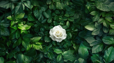 A close-up of a white rose surrounded by green leaves in a garden, with space above for text.の素材
