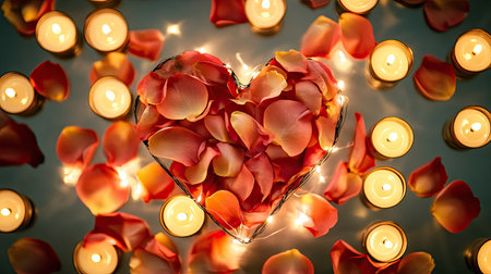 A flat-lay shot of rose petals arranged in a heart shape, with a soft-focus background of candles and fairy lights.の素材