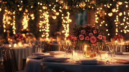 A wedding reception decorated with rose garlands, fairy lights, and elegant floral arrangements creating a romantic ambiance.の素材