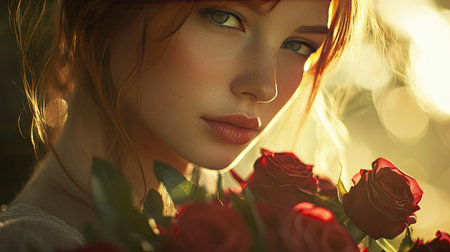 A romantic portrait of a woman holding a bouquet of roses, with soft natural lighting illuminating her face.の素材