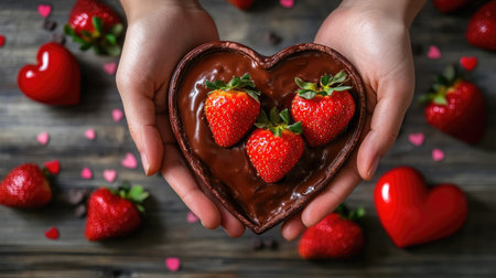 A pair of hands holding a heart-shaped plate with chocolate fondue and strawberries on a Valentine-themed background.の素材