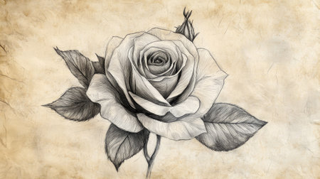 A hand-drawn sketch of a delicate rose, with intricate details of the petals and leaves on a textured paper background.の素材