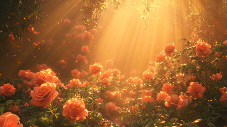 A warm, golden hour shot of a rose garden with multiple flowers in bloom, bathed in soft, glowing light.の素材