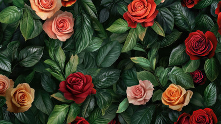 A tropical rose wallpaper with vibrant red, pink, and orange roses surrounded by lush green leaves.の素材