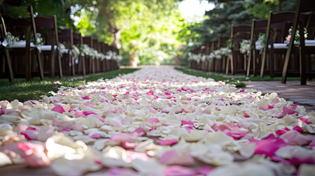 A high-angle view of a wedding aisle covered with white and pink rose petals, creating a beautiful scene.の素材