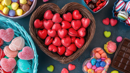 A family-style Valentine gift basket with chocolates, colorful candies, and small gift items for all ages.の素材