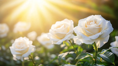 A soft-focus shot of white roses growing in a lush garden, with sunlight filtering through the petals.の素材