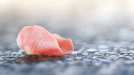 A soft pink rose petal on a delicate surface, with blurred background and open space for a quote or text.の素材