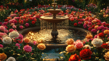 A well-maintained rose garden with a water fountain in the center, surrounded by rows of colorful roses.の素材