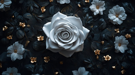 A white rose as the centerpiece of an elegant floral design, surrounded by smaller blooms and soft space for text.の素材