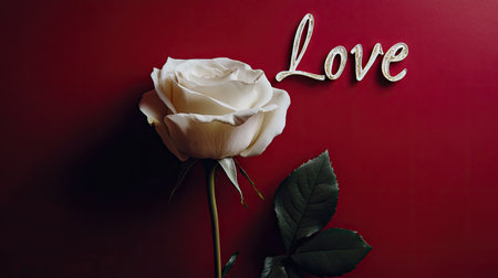 A white rose against a red backdrop, with room for the word Love in elegant script above it.の素材