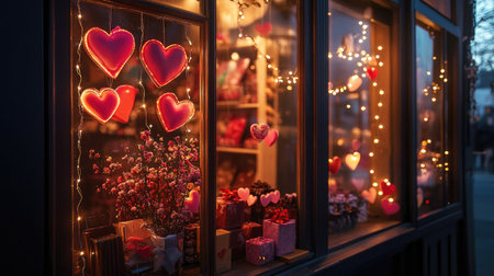 A window display of a chocolate shop featuring romantic decor, including hearts and fairy lights.の素材