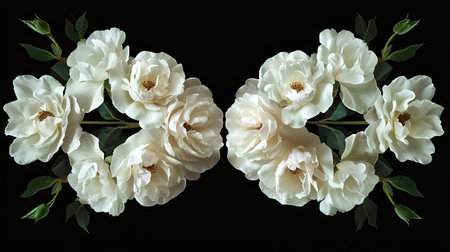 A white rose arranged in a symmetrical shape, creating a symbolic design with ample space for copy.の素材