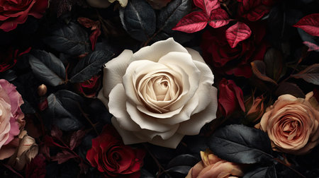 A white rose placed in the center of a floral design with an elegant color palette and empty space for messaging.の素材