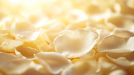 A soft-focused view of white rose petals with a warm golden background and room for copy.の素材
