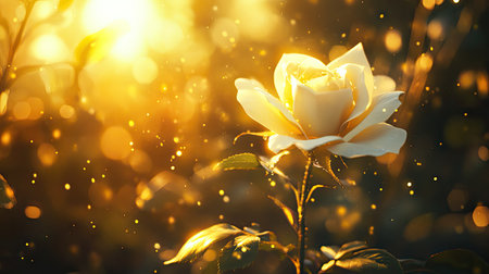A zoomed-in shot of a white rose with golden sunlight illuminating its petals, with open space for messaging.の素材