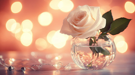 A white rose in a glass vase with soft pink lighting, surrounded by a love-themed setting and plenty of space for text.の素材
