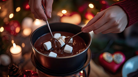 Close-up of hands dipping marshmallows into a pot of melted chocolate at a cozy Valentine's dinner setting.の素材