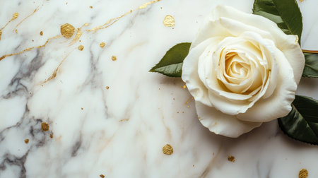 A white rose on a marble background with gold accents scattered around, leaving space for text.の素材