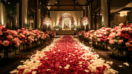 A wedding venue with rose petals scattered along the aisle, leading to a floral altar decorated with roses.の素材