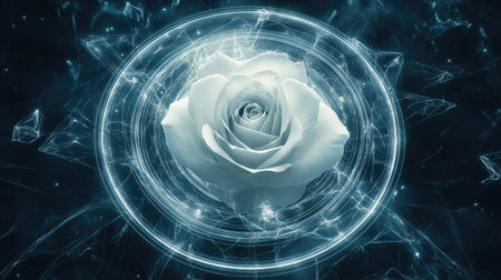 A white rose placed in the center of a circular design, leaving space around it for text or symbols.の素材