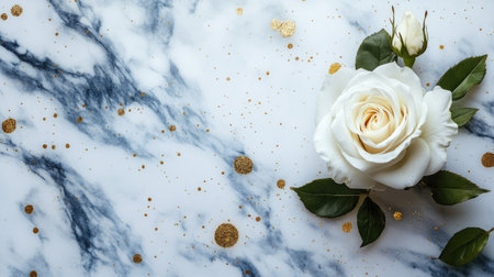 A white rose on a marble background with gold accents scattered around, leaving space for text.の素材