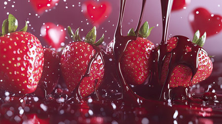 Close-up of melting chocolate drizzled over strawberries, with a Valentine-themed background.の素材