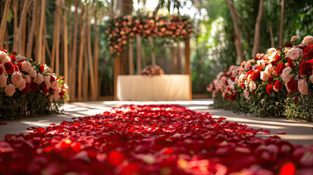 A wedding venue with rose petals scattered along the aisle, leading to a floral altar decorated with roses.の素材