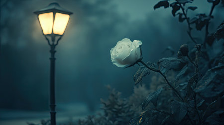 A white rose with a soft focus effect, creating a serene and peaceful atmosphere, with plenty of copy space.の素材