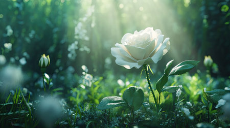 A white rose in a garden bathed in morning sunlight, leaving room for messaging in the empty space.の素材