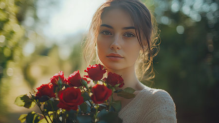 A woman holding a bouquet of red roses, with her face slightly out of focus in a serene outdoor setting.の素材