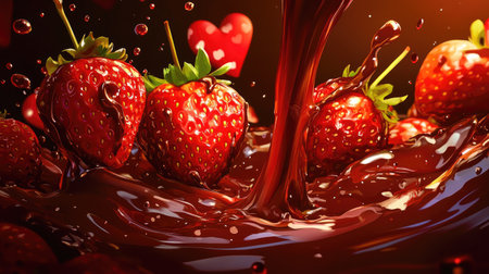 Close-up of melting chocolate drizzled over strawberries, with a Valentine-themed background.の素材