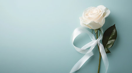A white rose with a delicate ribbon, symbolizing unity, with open space around it for copy.の素材