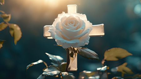 A white rose in the shape of a cross, symbolizing faith, with room around it for text.の素材