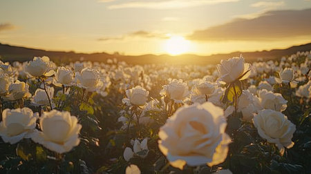 A wide shot of a white rose garden during golden hour, with the foreground clear for copy.の素材