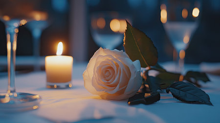A white rose and soft candles on a romantic dinner table, with a clear area for love-related copy.の素材
