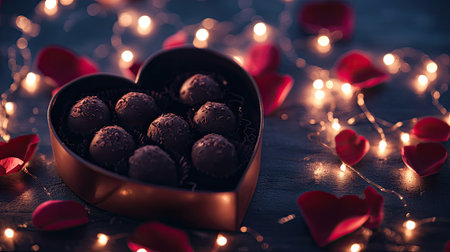 Chocolate truffles in a heart-shaped box surrounded by scattered rose petals and fairy lights.の素材