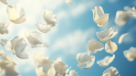White rose petals gently falling against a softly blurred blue sky, creating a dreamy look with copy space.の素材
