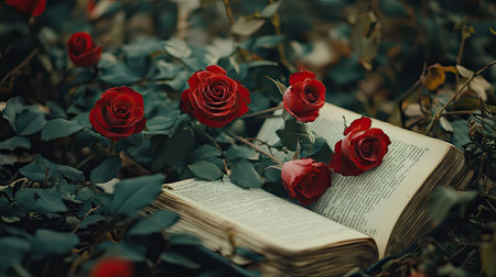 Red roses placed on an open book, creating a romantic and vintage aesthetic.の素材