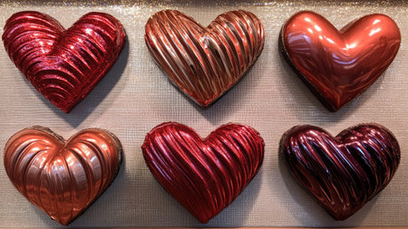 Heart-shaped chocolate bars wrapped in foil, arranged in a festive Valentine display with glittery accents.の素材