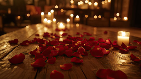 Rose petals scattered across a wooden table, surrounded by candles and romantic decorations.の素材